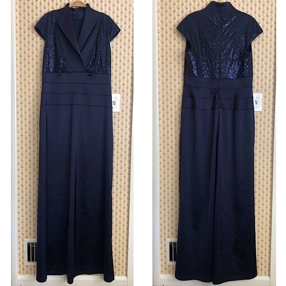 Tadashi Shoji Sequin Collared Navy Blue Formal Maxi Gown | 14 - Picture 2 of 5